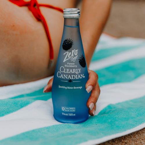 Clearly Canadian - Four 325ml Bottles of All Four Flavours On a Rock by a Mountain Stream